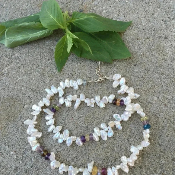 NaturesSplendour®️LLC Jewelry - Keshi Necklace, Colorful Gemstones, June Birthdays,Petal Pearls, Unisex becklace